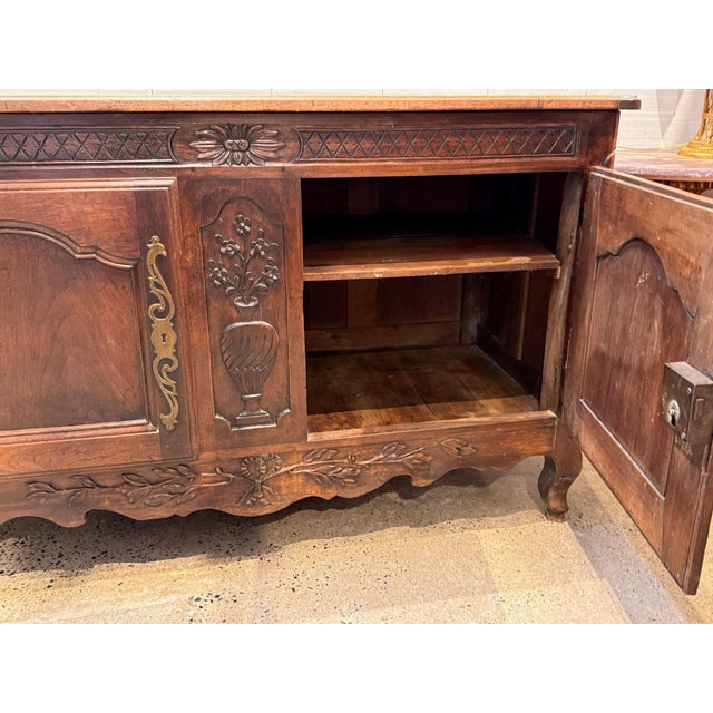 Brown 18th Century French Walnut Buffet With Carved Urn of Flowers For Sale - Image 8 of 13
