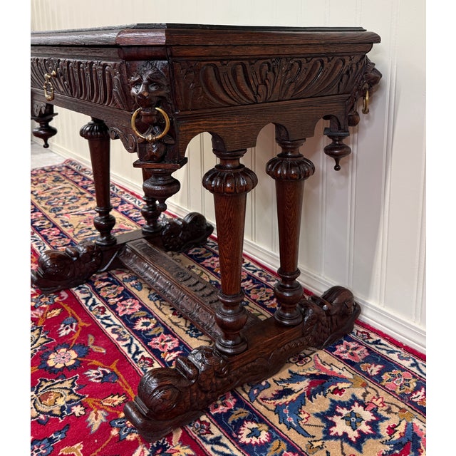 Late 19th Century Antique French Oak Renaissance Revival Library Dolphin Table Desk C. 1880s For Sale - Image 5 of 18