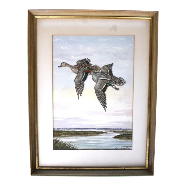 Mid 20th Century Two Ducks in Flight Over Marsh Painting by Jean Herblet For Sale