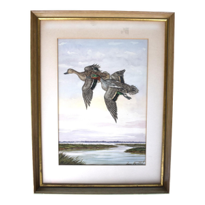 Mid 20th Century Two Ducks in Flight Over Marsh Painting by Jean Herblet