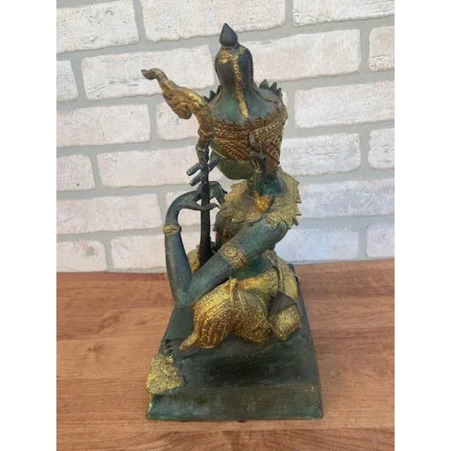 Vintage Thai Prince Musician Gilded Bronze Statue For Sale - Image 4 of 8