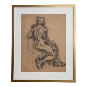 Original Charcoal Seated Nude Figure Study on Toned Paper, Mid-Century Framed Art I