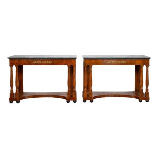 Pair of French 1860s Napoleon III Period Walnut Console Tables with Marble Tops For Sale
