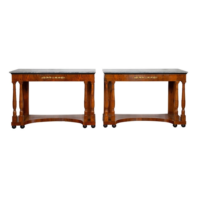 Pair of French 1860s Napoleon III Period Walnut Console Tables with Marble Tops For Sale
