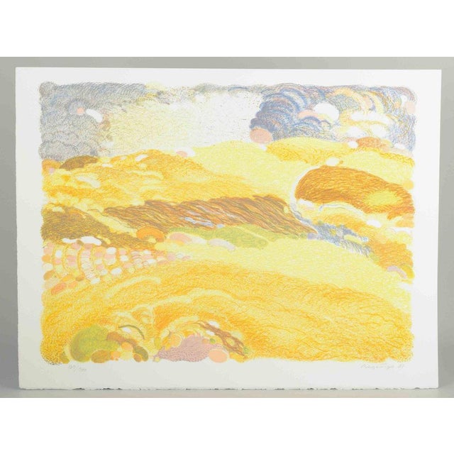 Kristian Begtorp (1922–2018) Color lithograph. Abstract color lithograph with organic, flowing forms in yellow and golden...