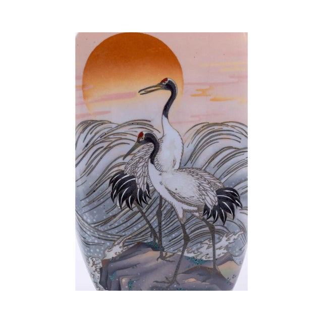 A Large Pair of Japanese Cloisonne Pink-Ground Vases Featuring Sunset and Cranes For Sale - Image 9 of 15