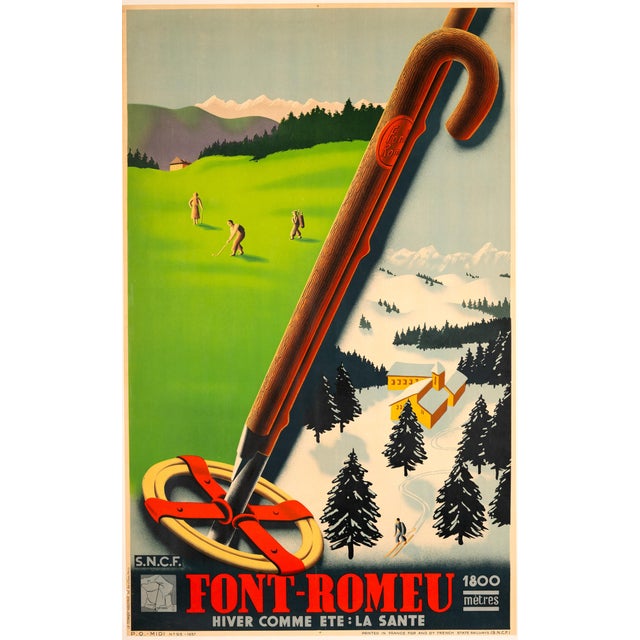 FONT-ROMEU — HIVER COMME ETE: LA SANTE — SNCF — 1937 Ski & Golf Original French travel poster promoting the mountain...