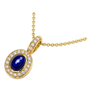Late 20th Century 14K Yellow Gold Cabochon Sapphire Diamond Pendant Necklace For Sale