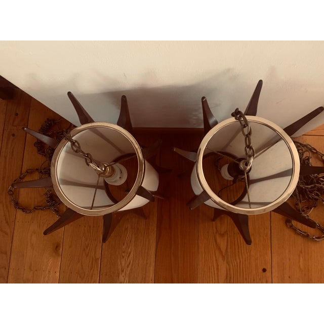 1960s 1960s Mid-Century Modern Teak & Brass Pendant Lamps a Pair — Pearsall-Inspired For Sale - Image 5 of 8