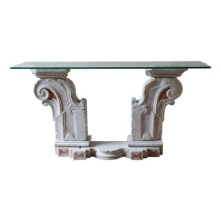 Antique Baroque Marble Console Table with Glass Top For Sale
