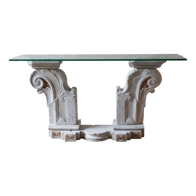 Antique Baroque Marble Console Table with Glass Top For Sale
