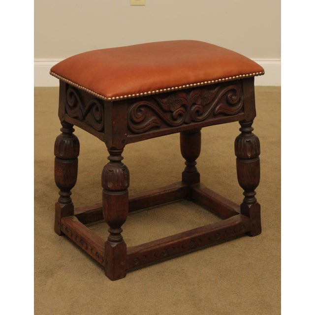 Kittinger 1920's Jacobean Style Carved Walnut Leather Seat Stool Chairish