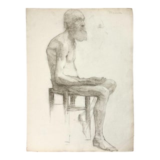Antique 19th C. French Male Nude Figurative Charcoal Sketch, Signed For Sale
