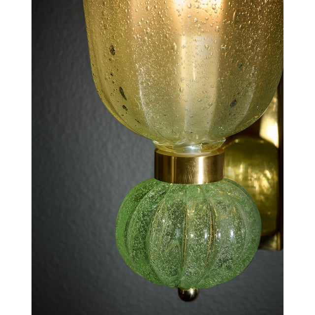 Green Contemporary Pale Green Murano Glass and Brass Sconces - a Pair For Sale - Image 8 of 10