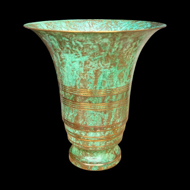 Art Deco Vintage Carl Sorensen Art Deco Verdigris Bronze Trumpet Vase With Gilt Rings For Sale - Image 3 of 8
