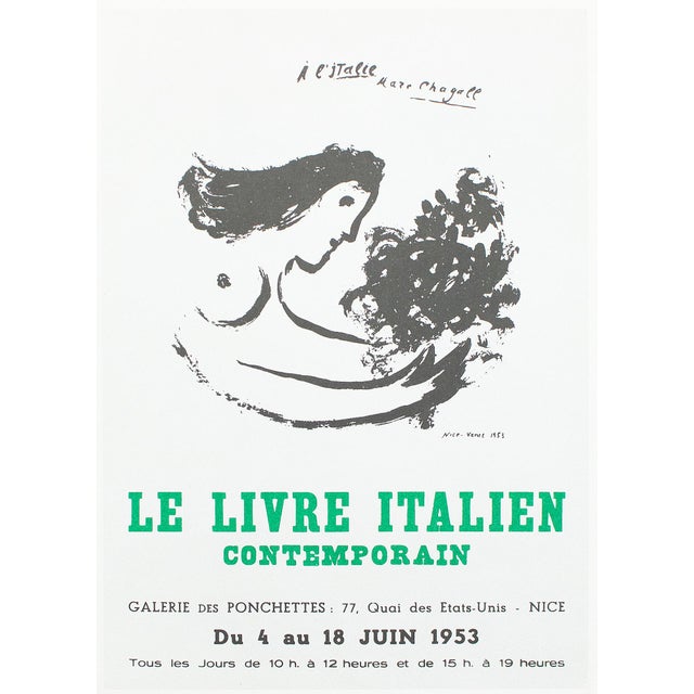 The School of Paris 1966 After M. Chagall, "The Contemporary Italian Book Exhibit, Pochettes Gallery 1953" Poster For Sale - Image 3 of 6