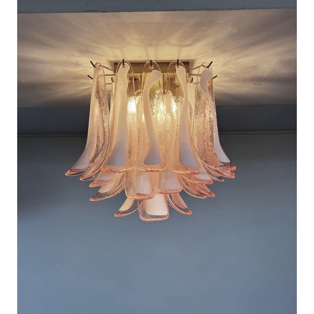 Murano Ceiling Chandelier | 32 Pink Glass and Lattimio Petals in a Contemporary | Mid Century Style For Sale - Image 9 of 11