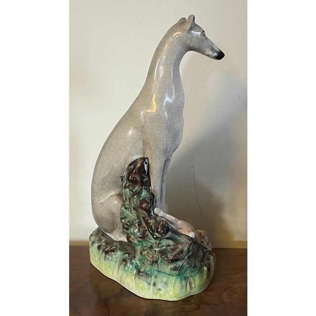 19th Century Very Large Antique 19th Century English Staffordshire Pottery Dog Figure of a Greyhound or Whippet and Hare or Rabbit For Sale - Image 5 of 16