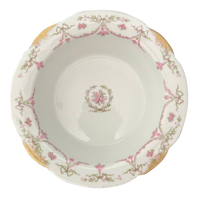 Antique Limoges Rose Swag Souffle Dish With Gold Accents by Charles Ahrenfeldt For Sale