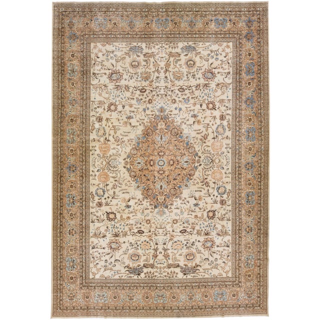 Textile Oversize Antique Persian Tabriz Handmade Medallion Wool Rug in Beige For Sale - Image 7 of 7
