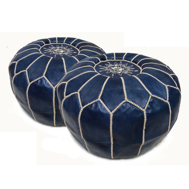 Moroccan Blue Leather Pouf Covers - a Pair For Sale - Image 9 of 9