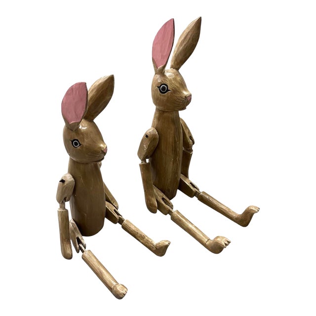 Whimsical Hand-Carved & Articulated Wooden Rabbit Pair For Sale