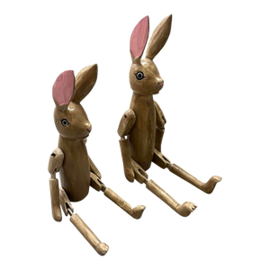 Whimsical Hand-Carved & Articulated Wooden Rabbit Pair