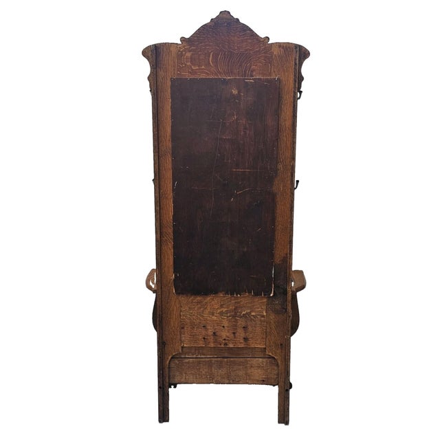 Antique American Tiger Oak Hall Tree With Carved Crest, Beveled Mirror & Storage Bench, C. 1900 For Sale - Image 18 of 18
