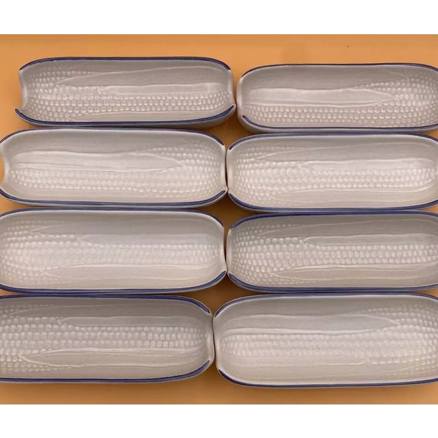Vintage Pfaltzgraff Yorktowne Blue Corn on the Cob Holder Dish Trays- Set of 8 For Sale - Image 4 of 6