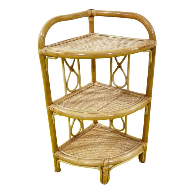 Bamboo and Rattan Corner Shelf with Three Shelves For Sale