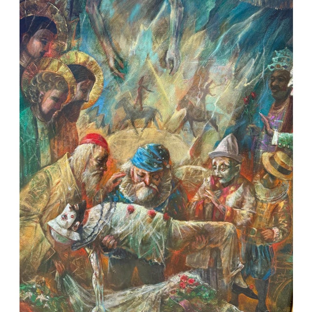 Jonah Kinigstein, Large Oil Painting Circus Scene Clowns Rediscovered NY Artist Jonah Kinigstein, c. 1950s For Sale - Image 12 of 16