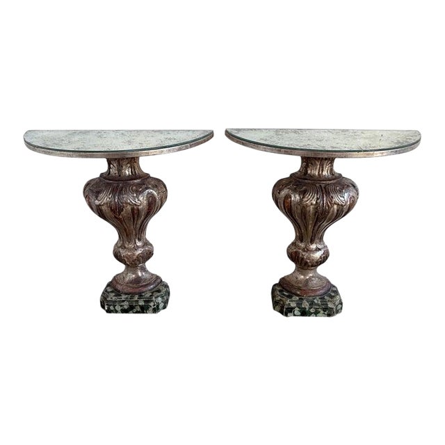 Pair of Italian Baroque Style Silver-Gilt Console Tables With Mirrored Tops For Sale