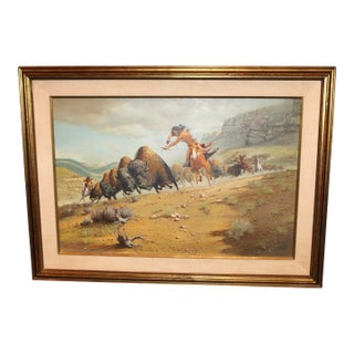 Original Large Western Buffalo Hunt Oil Painting by Pt Mendoza For Sale