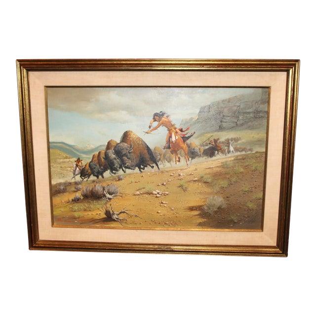 Original Large Western Buffalo Hunt Oil Painting by Pt Mendoza For Sale
