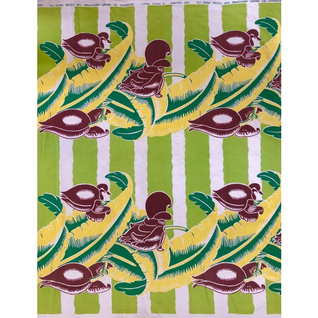 Mid 20th Century Wavy Green Striped Barkcloth With Tropical Banana Leaf Pattern For Sale - Image 4 of 5