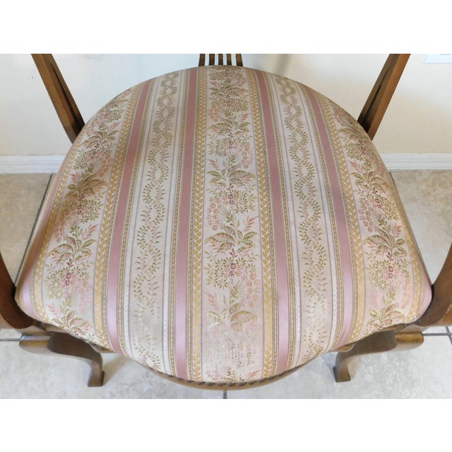 Antique Victorian Pink Floral Striped Carved Wood Brass Studded Side/End Accent Chair For Sale - Image 13 of 15