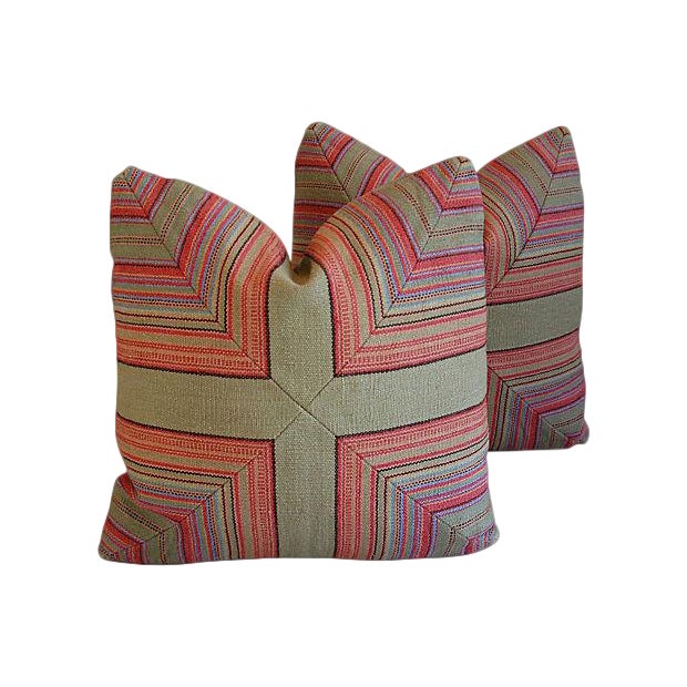 Custom Tailored Old World Weavers & Leather Feather/Down Pillows Pair