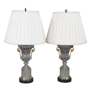 2 Baccarat French Empire Neoclassical Crystal Spiral Glass Urn Table Lamps Pair For Sale