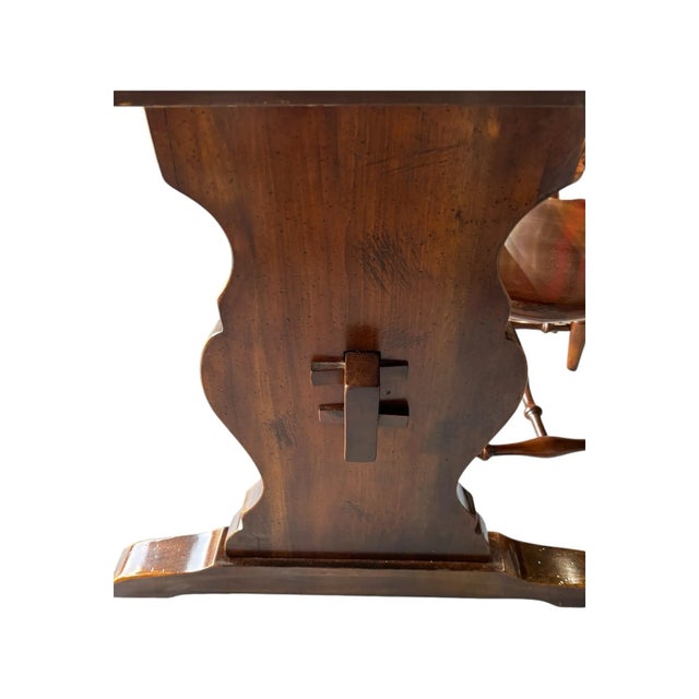 1970s Ethan Allen Solid Wood/Birch Trestle Table With Two Extensions. 6 Rock Maple Chairs Made by Carlton and Sprague - Set of 9 For Sale - Image 9 of 12