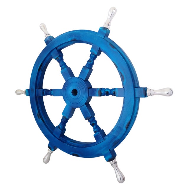 Traditional Antique Vintage Nautical Handcrafted Blue Wooden Ship Wheel With Aluminium Hub & Handle For Sale - Image 3 of 6