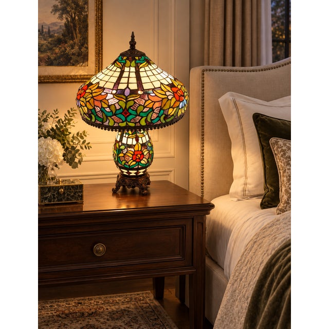Vintage Tiffany-Style Floral Stained-Glass Table Lamp With Illuminated Base For Sale - Image 9 of 9