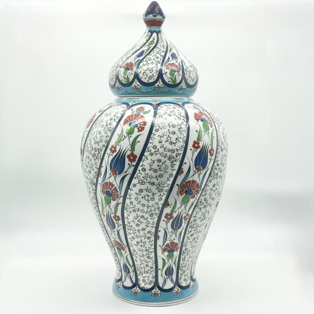 Ceramic Handmade Ceramic Large Lidded Jar (50cm) Swirling Golden Horn & Floral Pattern – Grand Temple Jar Centerpiece For Sale - Image 7 of 8