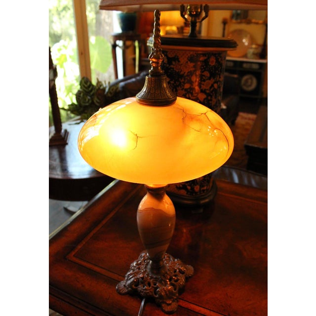 Vintage Art Nouveau Blown Glass Table Lamp W/ Brass Base, Caramel Slag, Houze For Sale - Image 12 of 15