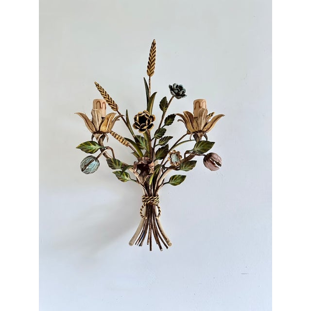 Italian Hand-Painted Tole Floral Bouquet Wall Sconce, 1940s For Sale - Image 18 of 18