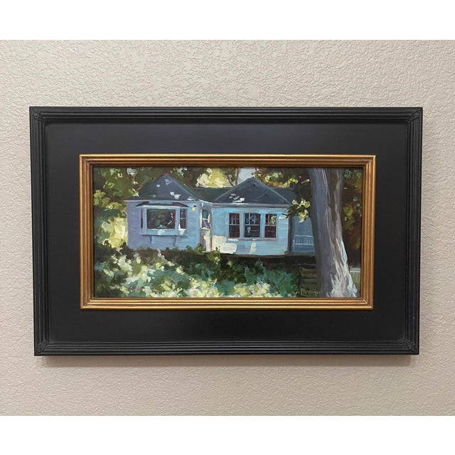 This artwork captures a serene cottage nestled within a lush, green landscape, emphasizing the interplay of light and...