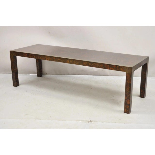 Vintage Mid Century Modern Brown Tortoiseshell Lacquer Parsons Style 54" Bench Coffee Table with Loose Cushion. Circa Mid...