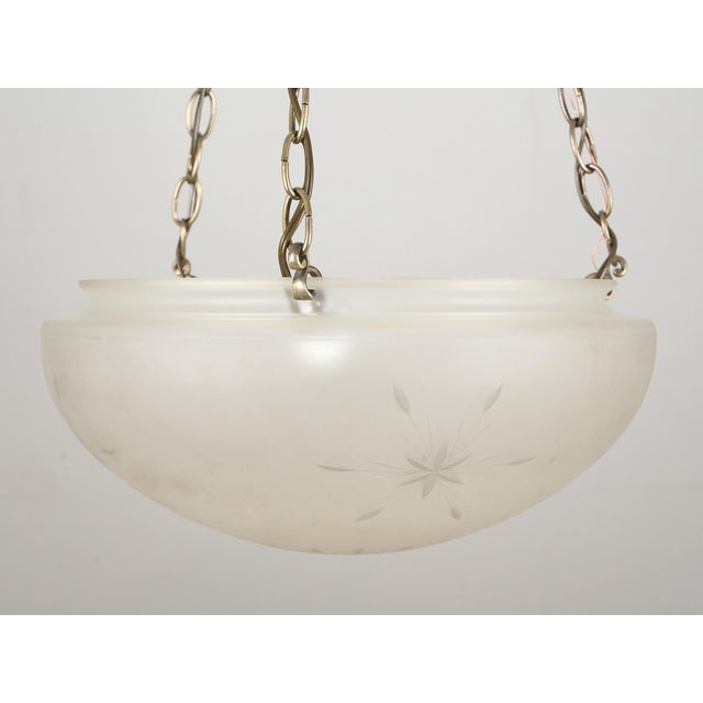 Traditional Mid 20th Century Restored Frosted Etched Glass Bowl Brass Chain Pendant Light For Sale - Image 3 of 12