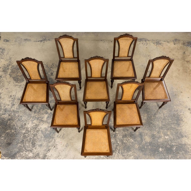 French Set of Eight French Napoleon III Empire Style Mahogany Caned Dining Chairs, 19th Century For Sale - Image 3 of 18