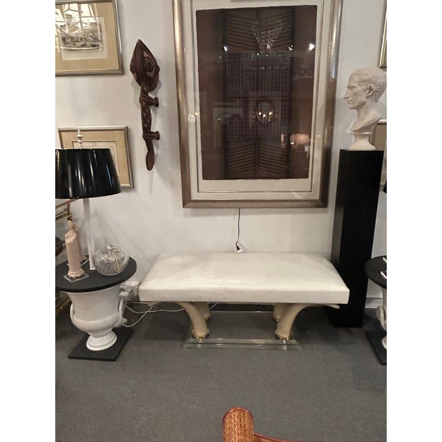 Glamorous rectangular bench having faux horn and lucite base with newly upholstered seat in Edelman faux crocodile...