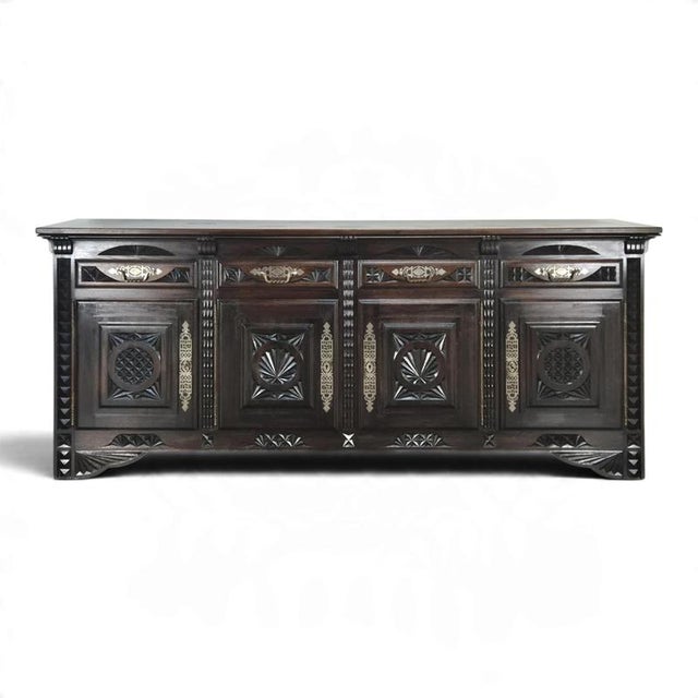 Breton Sideboard with Four Doors in Carved Oak and Brass For Sale - Image 10 of 10
